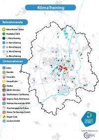 Die Karte zeigt die Verteilung der am KlimaTraining beteiligten Unternehmen sowie Personen in Münsters Stadtgebiet. Eingezeichnet sind zudem die Haushalte, die an dem Vorgänger-Projekt 'Reallabor für klimafreundliche Entscheidungen' beteiligt waren.
