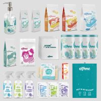 Eine Produkt-Übersicht der ooohne GmbH mit Seiten, Spül- und Waschmitteln.