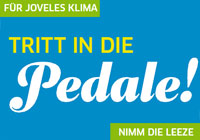Laber nicht! Leeze fahren! Grafik mit der Aufschrift 'Nimm die Leeze - Tritt in die Pedale - Für joveles Klima'