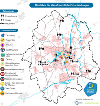 Stadtplan der Stadt Münster mit Markierungen der Standorte der teilnehmenden Haushalte - Beim Klick auf die Karte öffnet sich eine größere Version der Karte in einem Pop-up-Fenster.