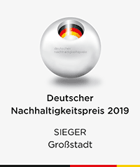 Signet mit Schriftzug 'Deutscher Nachhaltigkeitspreis 2019 - Sieger Großstadt'