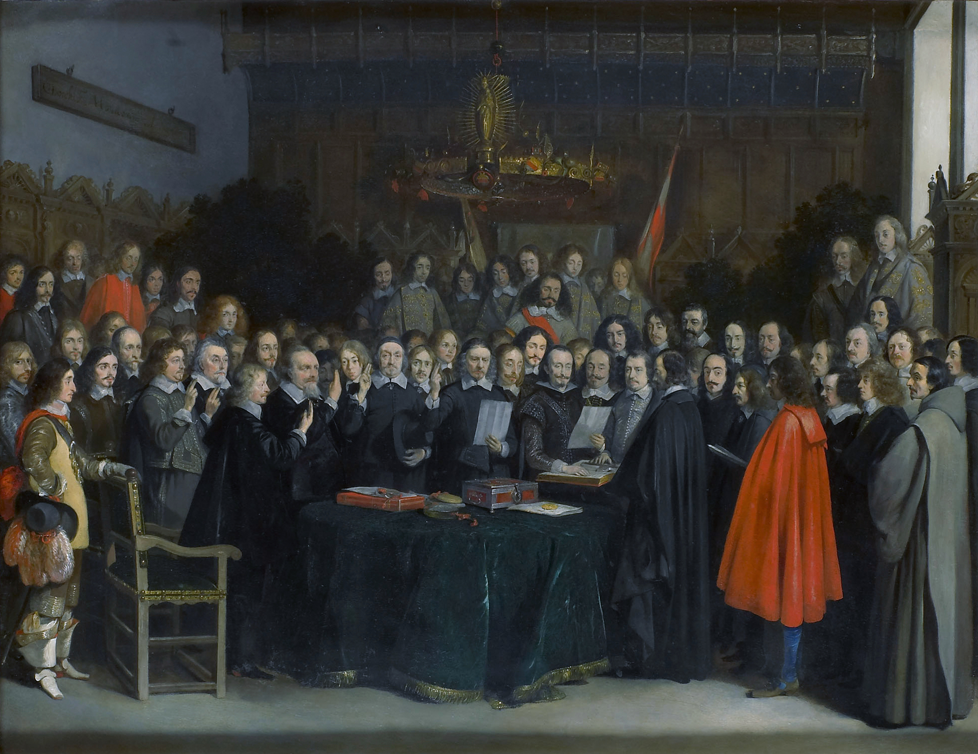 Die spanischen und niederländischen Gesandten beschwören am 15. Mai 1648 im Rathaussaal den Frieden von Münster. 