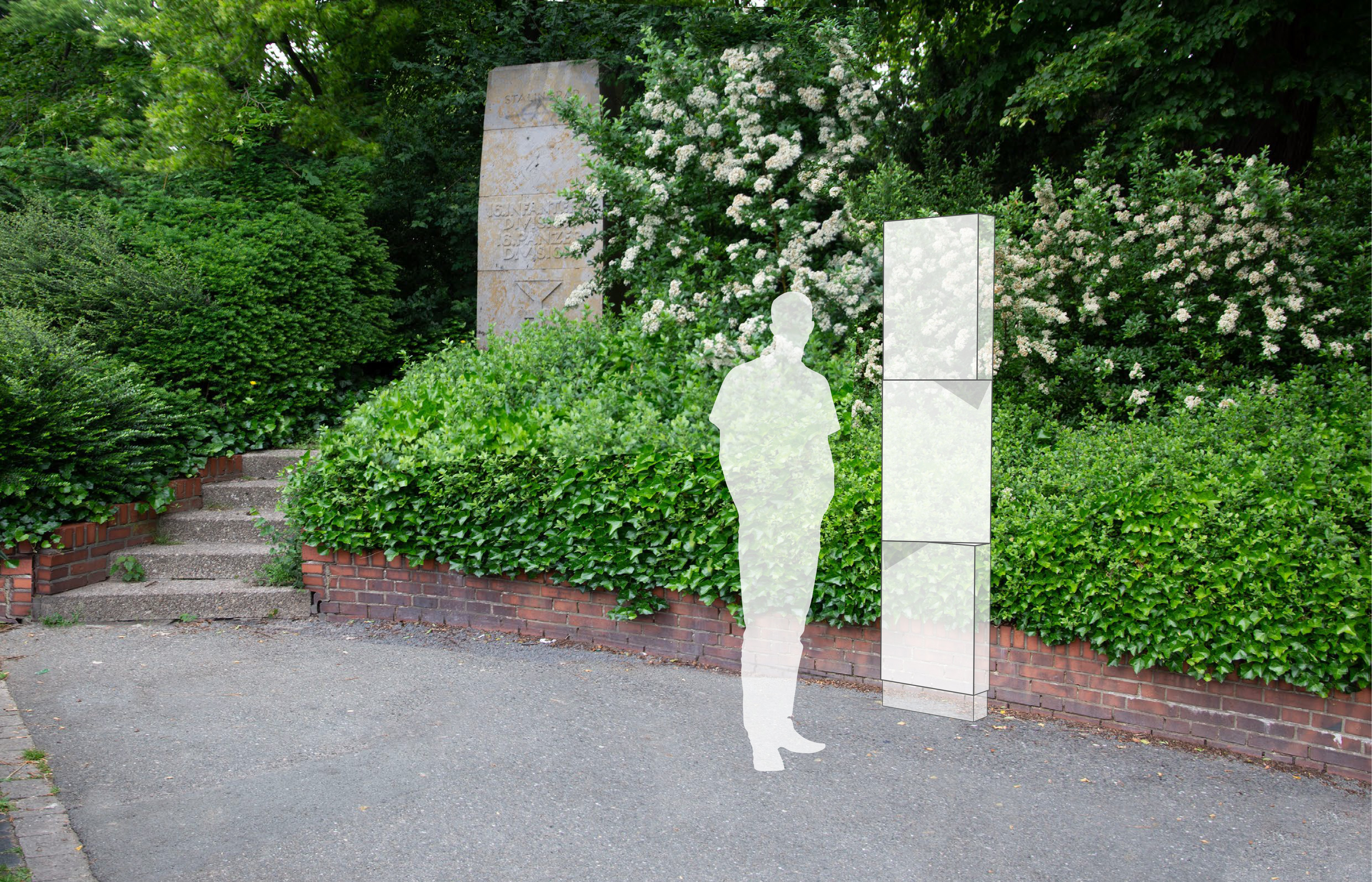Die Visualisierung zeigt eine der künftigen Info-Stelen an Münsters Kriegerdenkmalen an der Promenade.