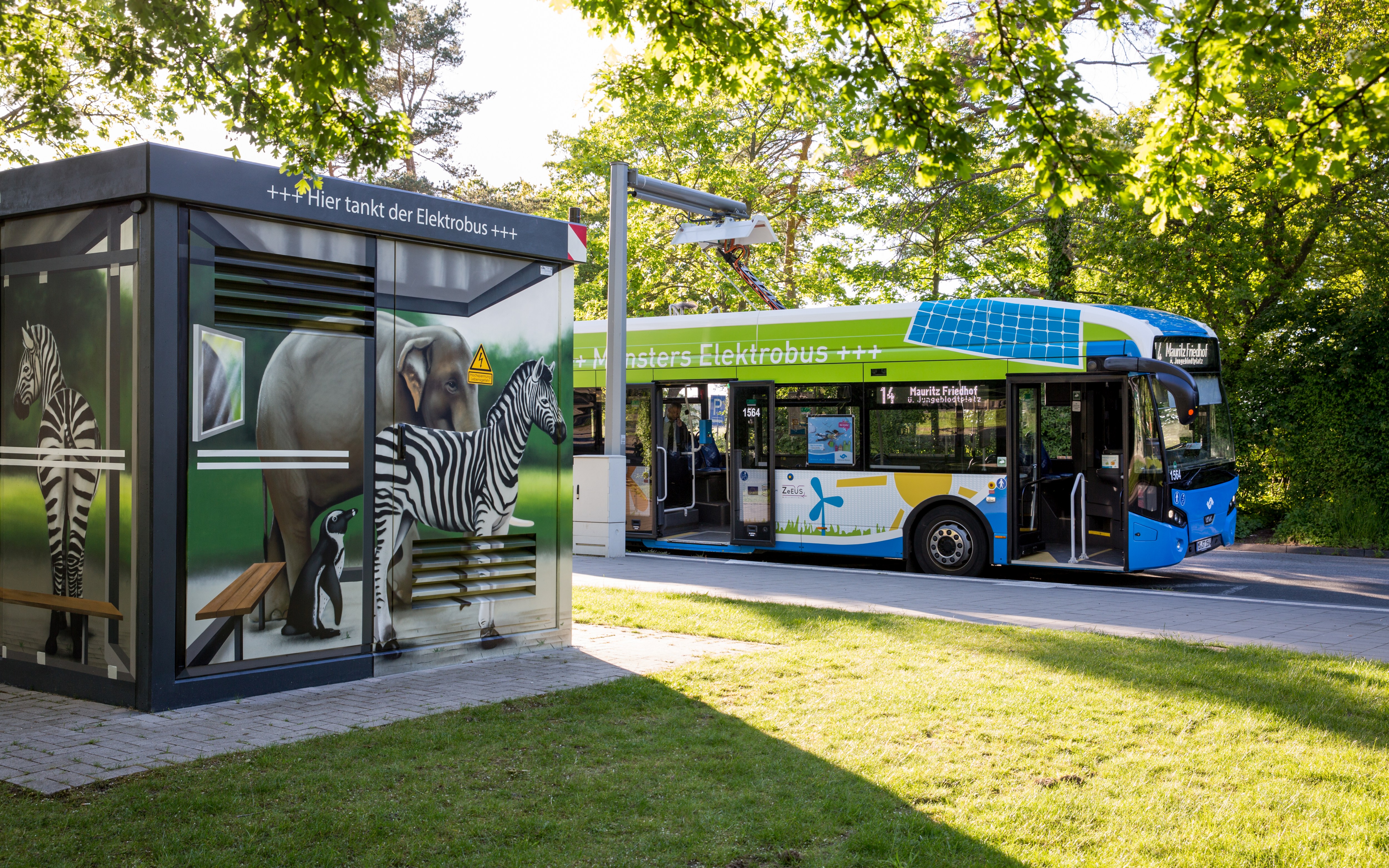 Stadtwerke-Münster-Elektrobus, der an der Ladestation am Zoo parkt bei sonnigem Wetter.
