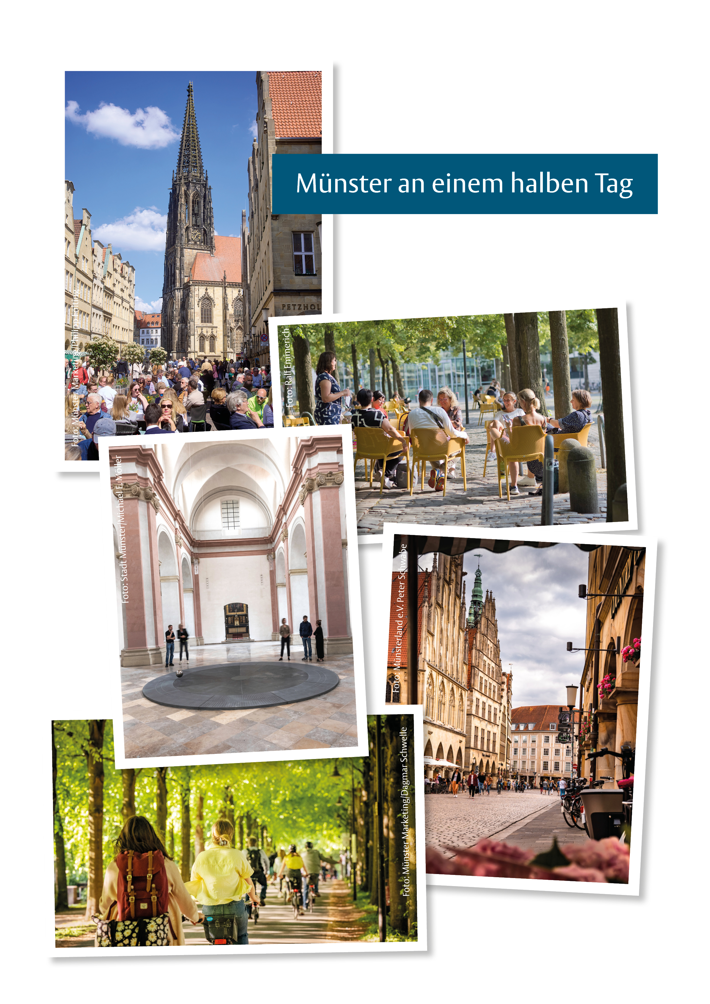 Collage mit Bildern vom Prinzipalmarkt, der Domplatzoase, der Dominikanerkirche, der Lambertikirche und der Promenade für den Guide "Münster an einem halben Tag"