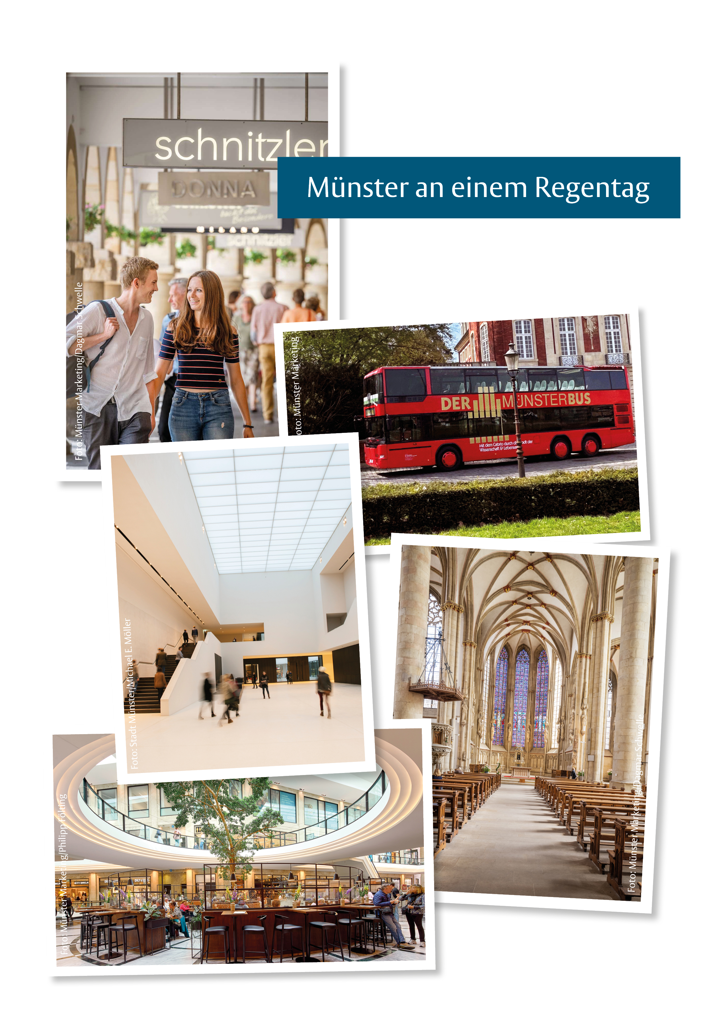Collage mit Bildern von den Arkaden auf dem Prinzipalmarkt, dem MünsterBus, dem LWL-Museum für Kunst und Kultur, der Lambertikirche und den Münster Arkaden für den Guide "Münster an einem Regentag"