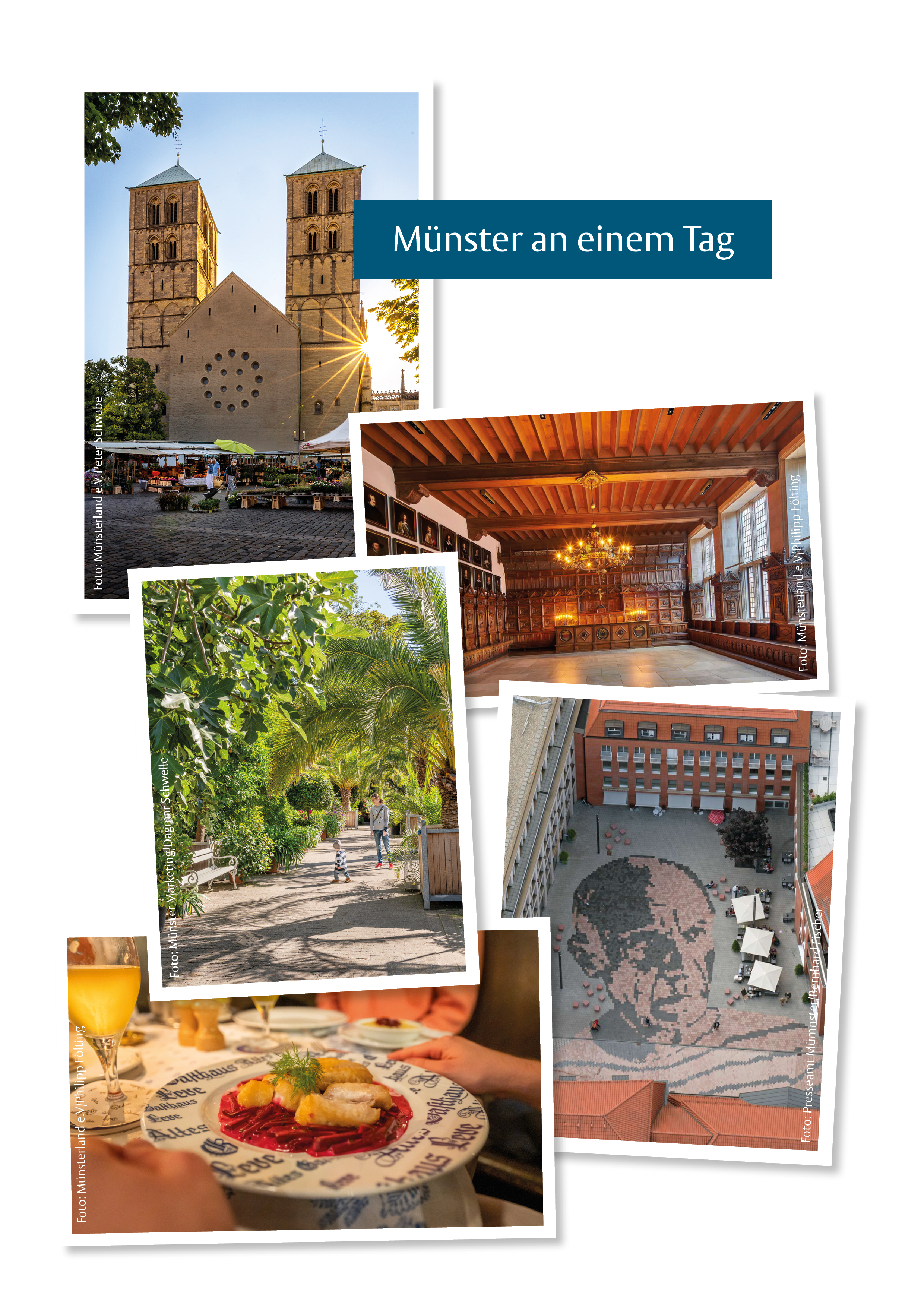 Collage mit Bildern vom Wochenmarkt auf dem Domplatz, dem Friedenssaal, dem Botanischen Garten, dem Picasso-Platz und dem Gasthaus Leve für den Guide "Münster an einem Tag".