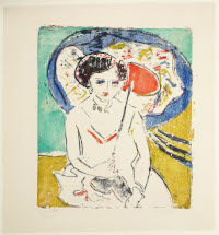 Ernst Ludwig Kirchner, Dodo mit japanischem Schirm, 1909, Farblithografie Ernst Ludwig Kirchner, Dodo mit japanischem Schirm, 1909, Farblithografie