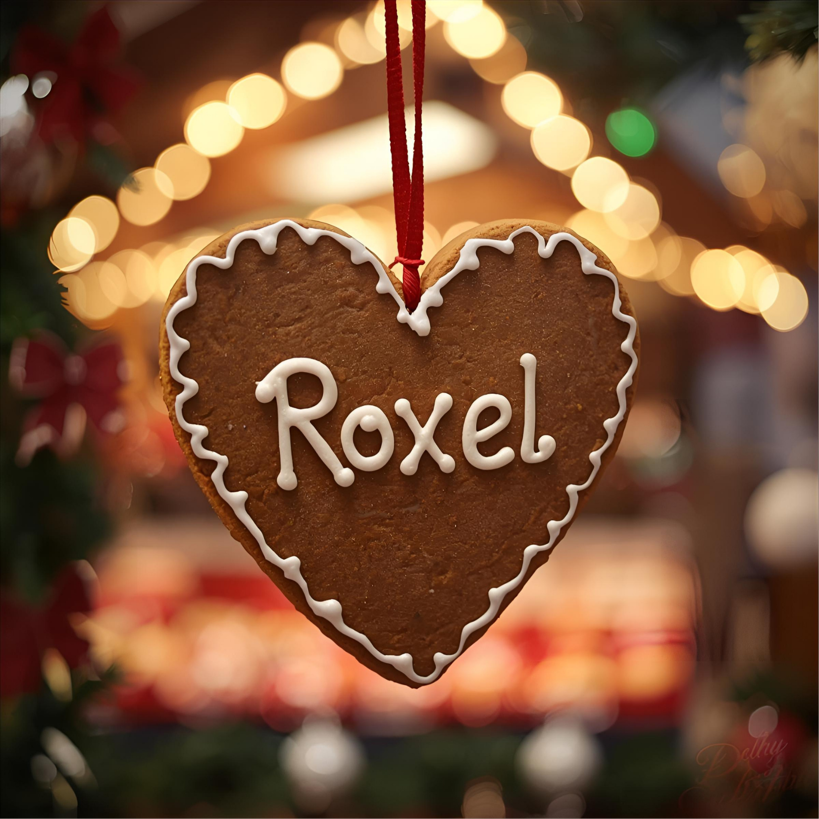 Das Bild zeigt ein Lebkuchenherz mit dem Schriftzug "Roxel"