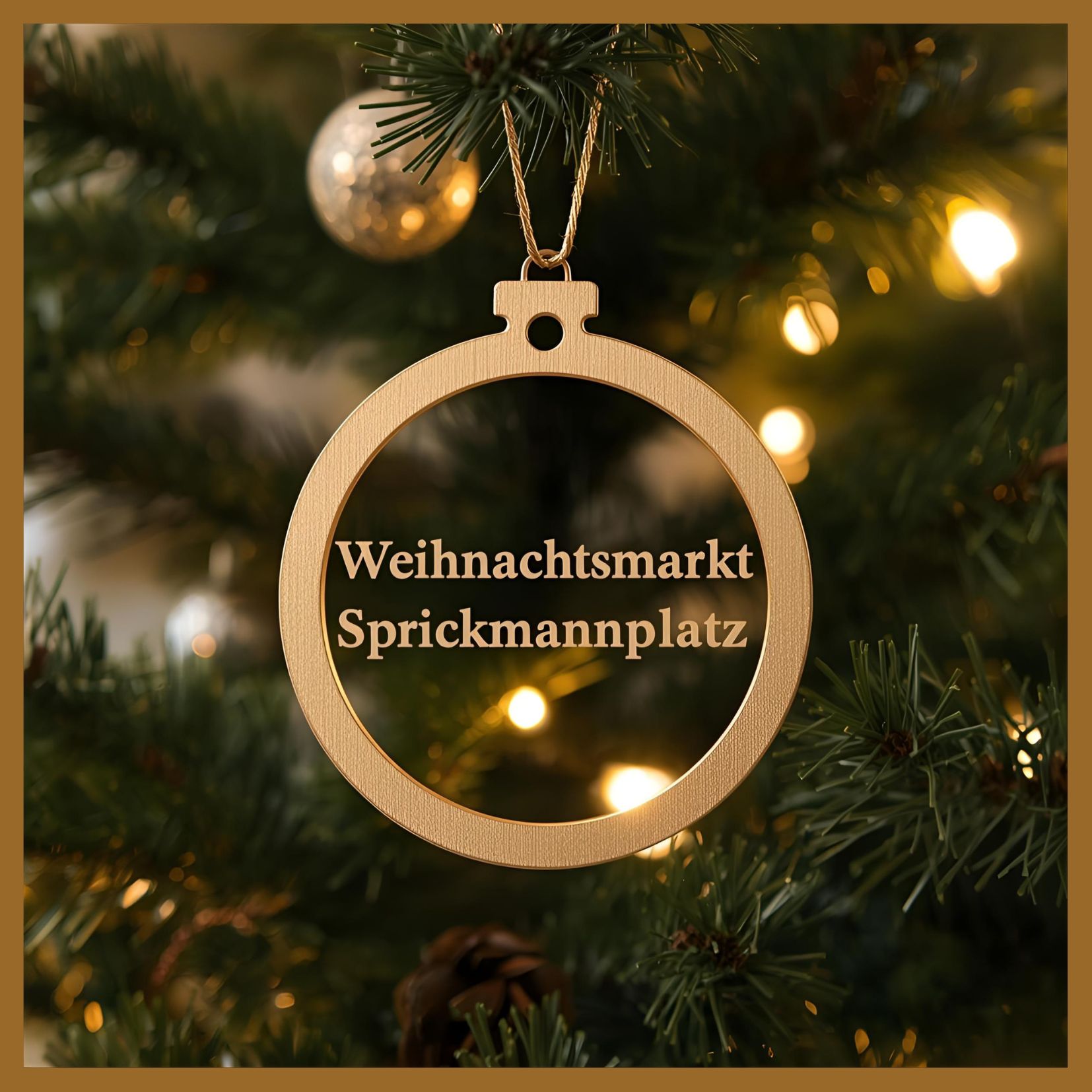 Das Bild zeigt einen Weihnachtsbaumanhänger mit dem Schriftzug "Weihnachtsmarkt Sprickmannplatz"