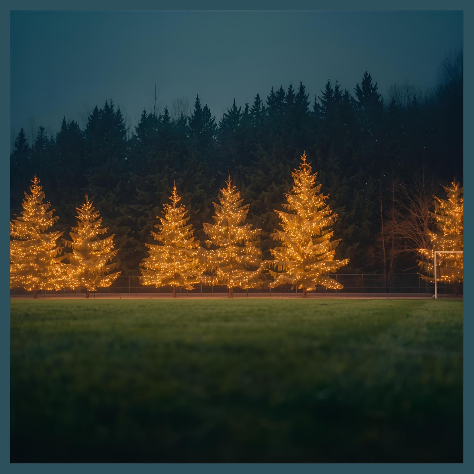 Das Bild zeigt einen Fußballplatz mit weihnachtlich beleuchteten Tannen im Hintergrund.