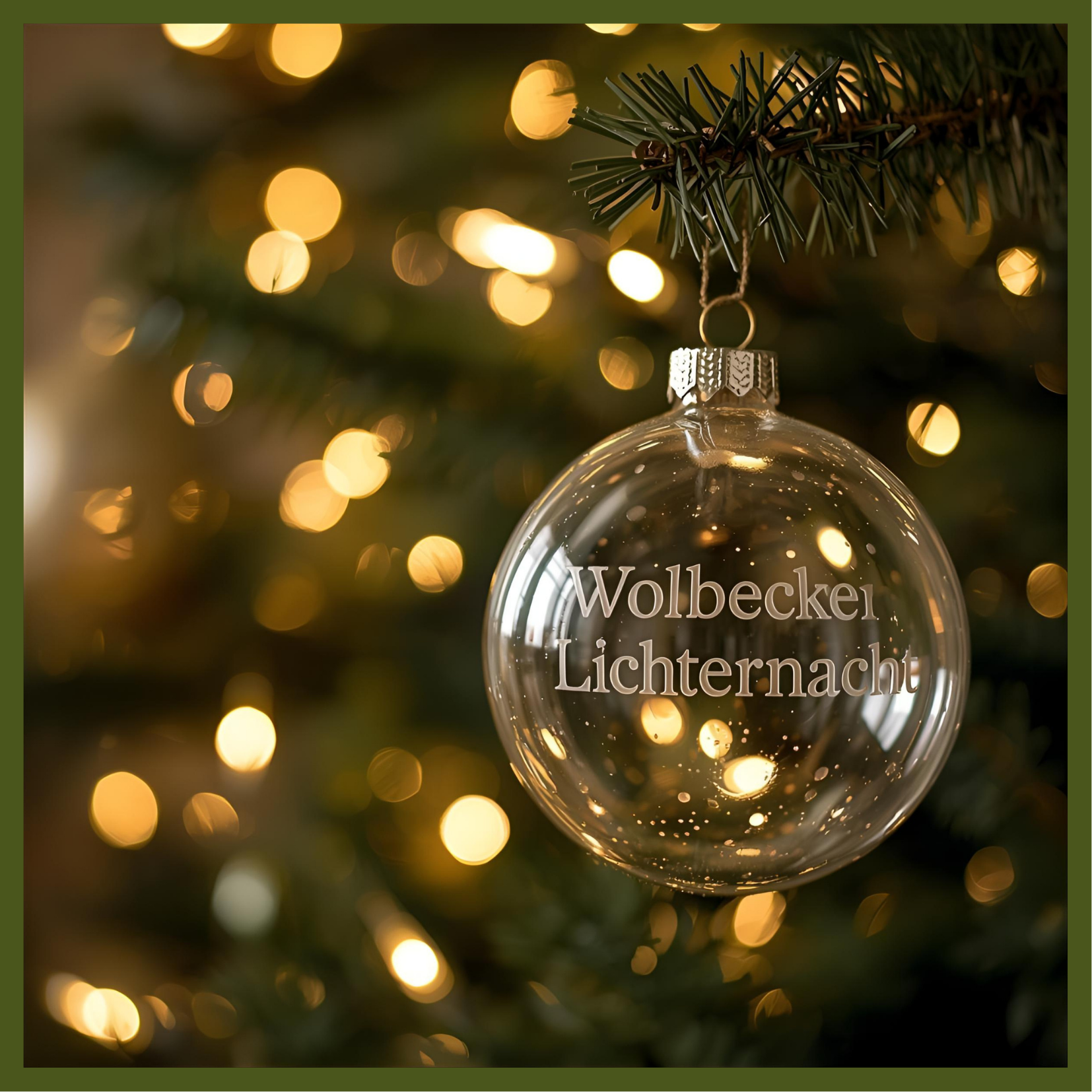 Das Bild zeigt eine Tannenbaumkugel mit dem Schriftzug "Wolbecker Lichternacht"