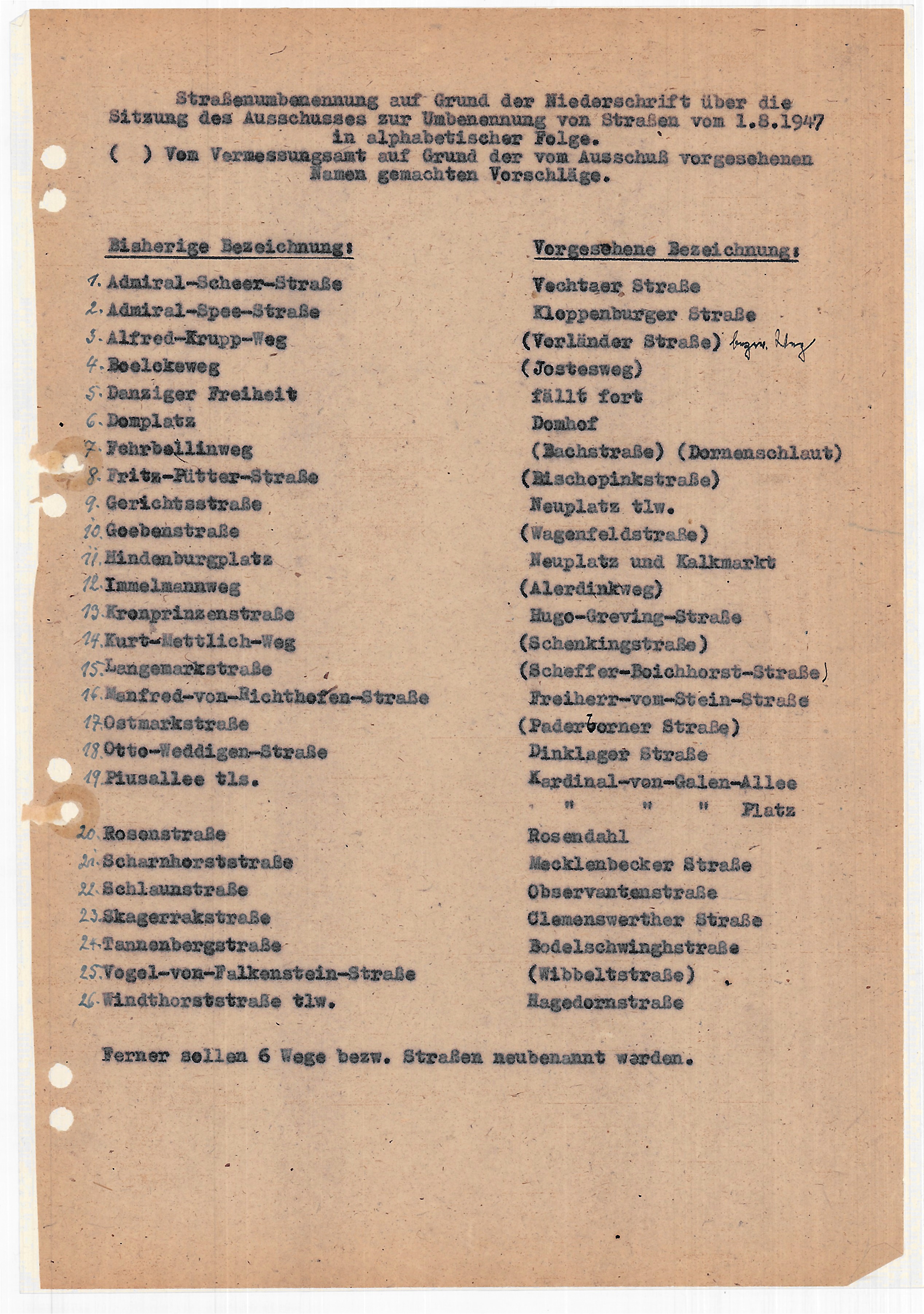 Liste mit Straßennamen und Anordnung zu Änderungen