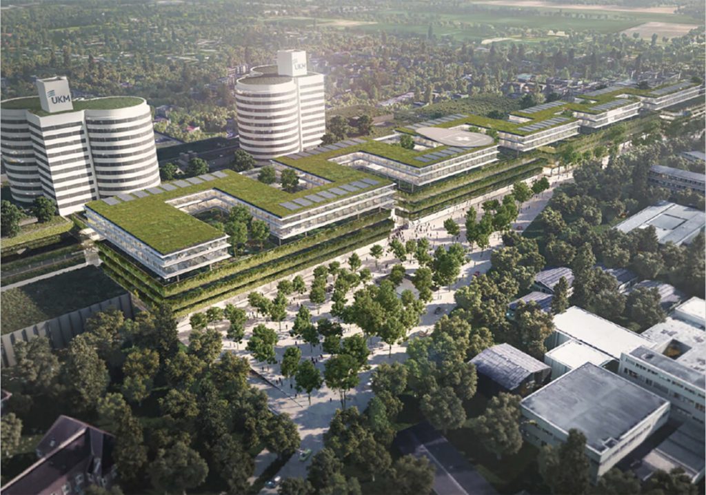 Das Bild zeigt eine realitätsnahe Animation der neuen Gebäudezeile an der Waldeyer Straße vor den beiden weißen Kliniktürmen. Davor entsteht eine neue dreiecksförmige Grünfläche.