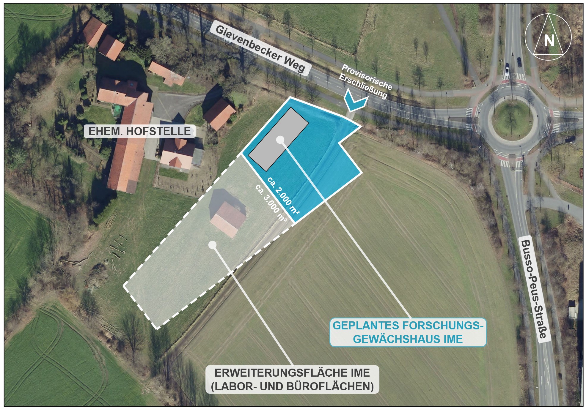 Lageplan mit Verortung des geplanten Forschungsgewächshaus des Fraunhofer IME am Gievenbecker Weg, die Fläche umfasst rund 2000 qm. Südwestlich angrenzend befindet sich eine Erweiterungsfläche für das Fraunhofer IME (rund 3000 qm). Diese ist jedoch nicht Gegenstand dieser Bauleitplanung.