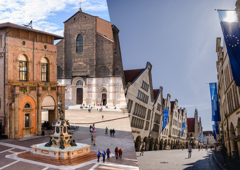Die Fotomontage ist mittig angeschrägt geteilt und zeigt links eine Platzszene in Bologna vor einer historischen Kirche, rechts den Prinzipalmarkt in Münster
