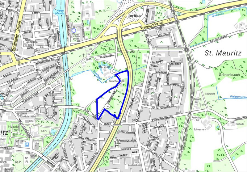 Plangebiet des Bebauungsplans Nr. 589 bei St. Mauriztz, nördlich Zum guten Hirten, westlich Umgehungsstraße, blau umrandet im Stadtplan