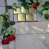 Neben fünf neu in den Boden eingelassenen Stolpersteinen sind mehrere rote Rosen niedergelegt.