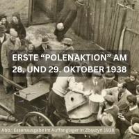 Menschen stehen an einer Essenausgabe im Auffanglager 1938 an