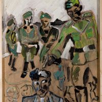 Gemälde, das eine Szene des Massakers in Baby Yar zeigt, bei dem Polizisten Massenerschießungen durchführten