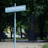 Straßenschild mit der Aufschrift 'Plac Mordechaja Tenenbauma', im Hintergrund Bäume und ein Obelisk