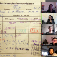 Screenshot einer Videokonferenz. Rechts einige der Teilnehmenden, links wird eine historische Quelle gezeigt