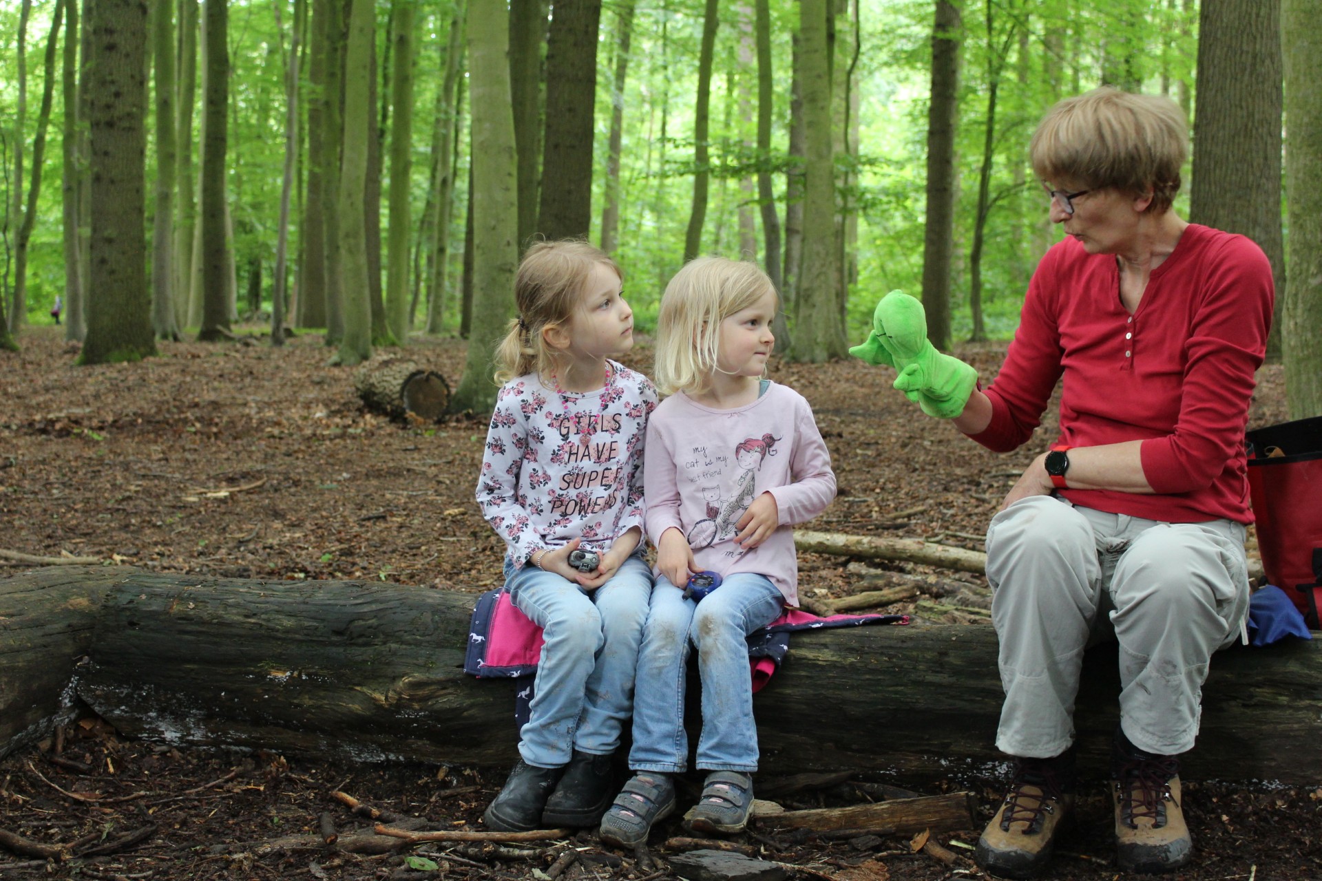 Ein Foto von zwei Kindern auf einem Baumstamm im Wald und einer erwachsenen Person