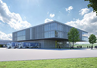 Visualisierung der Batterieforschungsfabrik Zeichnung: Großes flaches Gebäude mit Glasfronten