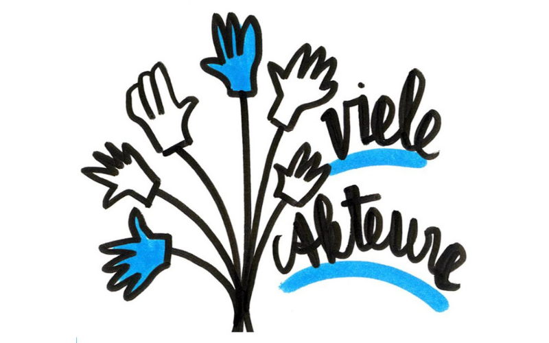 Graphic Recording zeigt einen Blumenstrauß von 6 Händen mit dem Schriftzug viele Akteure
