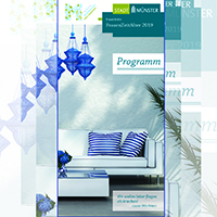 Veranstaltungsprogramm Titelblatt Grafik: ein Sofa, darüber viele Lampen