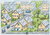 Zeichnung: Viele Häuser mit Solarmodulen auf den Dächern