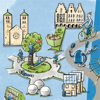 Zeichnung "Münster Klimaschutz 2050" Grafik: Dom, Prinzipalmarkt, Kreisverkehr mit Obstbaum, Aaseekugeln, Häuser mit Solardächern ...