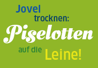 Jovel trocknen: Piselotten auf die Leine Grafik mit Schriftzug 'Jovel trocknen: Piselotten auf die Leine'