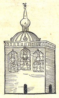 Diese historische Zeichnung zeigt die drei Täuferführer, deren Leichen 1536 in den eisernen Körben an St. Lamberti zur Schau gestellt wurden. (Abbildung: Stadtarchiv) Die historische Zeichnung zeigt die drei Täuferführer van Leiden, Knipperdolling und Krechting in den eisernen Körben an St. Lamberti