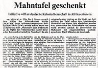 Zeitungsartikel zur vom Arbeitskreis Afrika konzipierten Mahntafel zur Erinnerung an den "Völkermord unter deutscher Kolonialherrschaft in Namibia" (Westfälische Nachrichten 13.10.1984) Foto eines Zeitungsartikels
