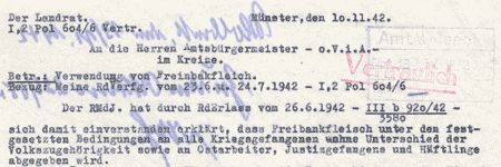 Der Landrat gestattet die Verwendung von minderwertigem Fleisch für die Ernährung der Zwangsarbeiter (Auszug)