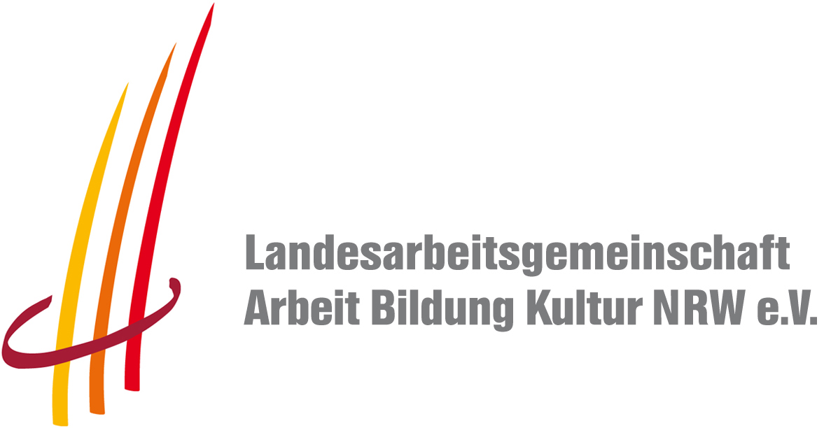Logo LAG Logo: Drei hochgestellte Striche in Gelb, Orange und Rot in einem Kreis, daneben der Schriftzug 'Landesarbeitsgemeinschaft Arbeit Bildung Kultur NRW e. V. '