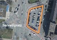 Luftbild mit Markierung des neuen Standorts für den WDR Luftbild Servatiiplatz