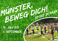 Plakatausschnitt zur Aktion 'Sport im Park' Turnende Menschen auf Rasenfläche