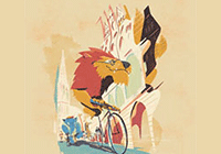 Plakat (Ausschnitt) der Ausstellung, Zeichnung von Alex Gellner Tiere fahren mit dem Fahrrad über den Prinzipalmarkt.
