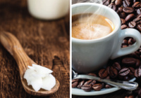 Kokosöl und Kaffeetasse Foto