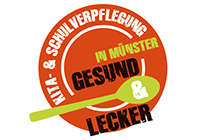 Grafik: Schriftzug 'Kita- und Schulverpflegung in Münster - gesund & lecker' in Stempelform